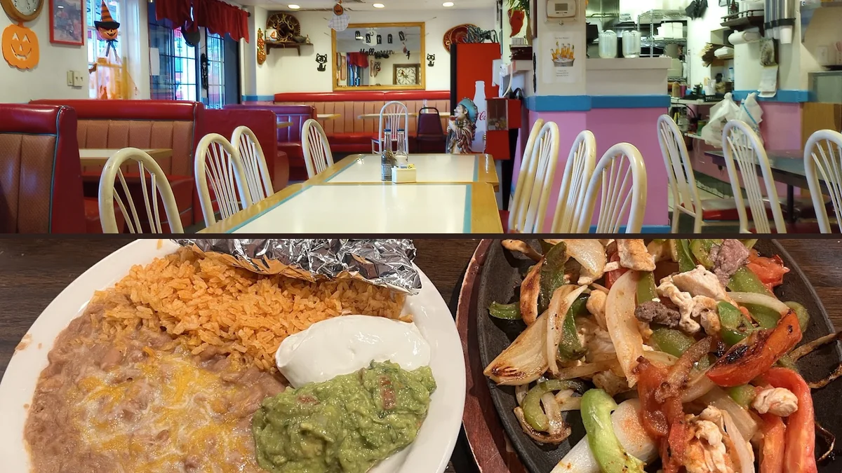 Colorful Mexican plates on a restaurant table.