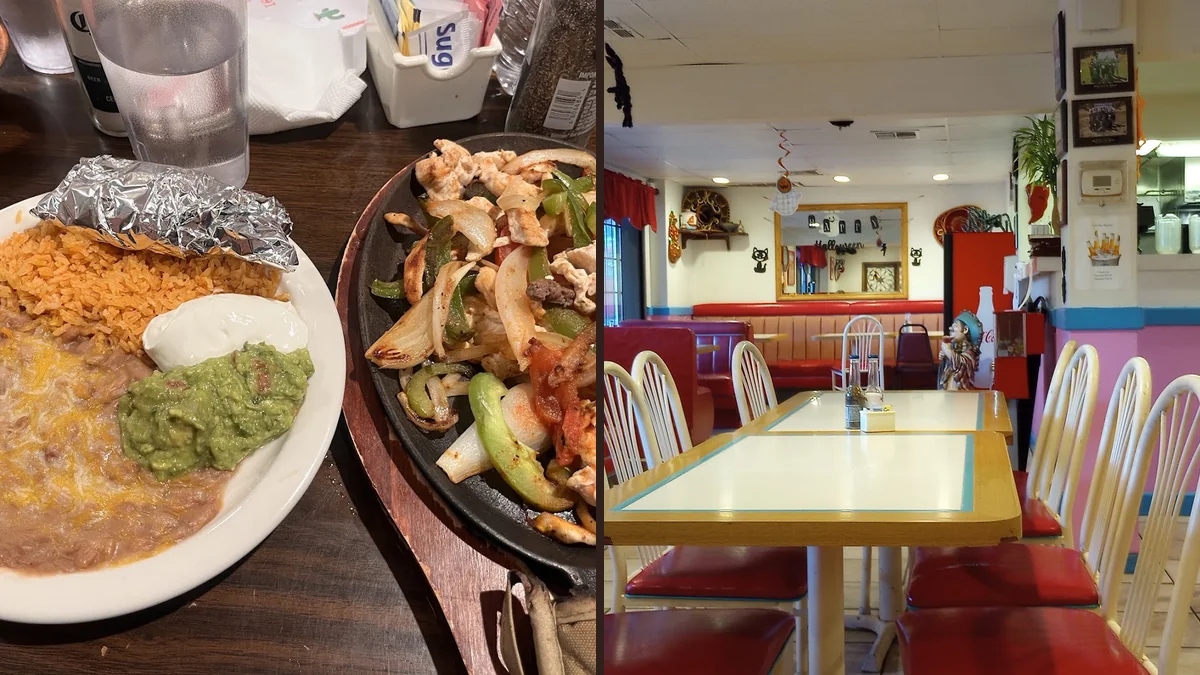 Burritos and tacos served with rice and beans.