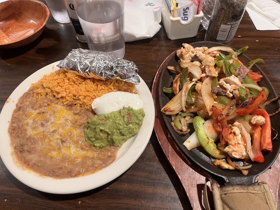 Outdoor seating at a Mexican restaurant.